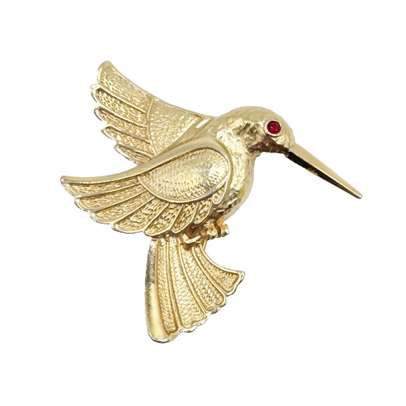 Avon Jewelry - Vintage Hummingbird Brooch Avon Gold Tone Red Rhinestone Feather Detail Figural